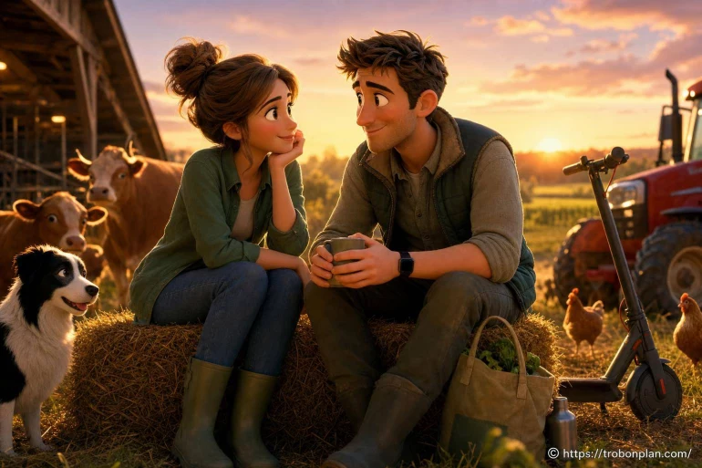 Couple animé à la ferme au coucher du soleil
