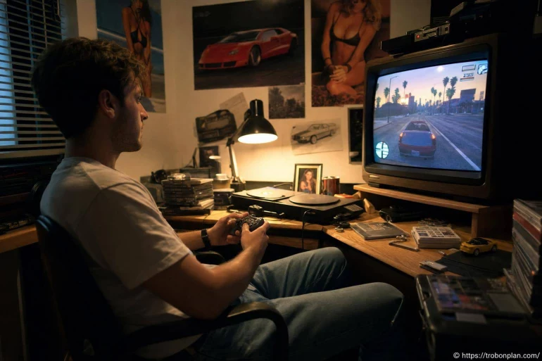 Jeune homme jouant à un jeu vidéo rétro