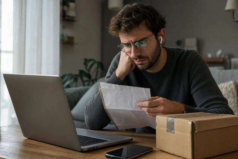 Homme concentré lisant une lettre chez lui