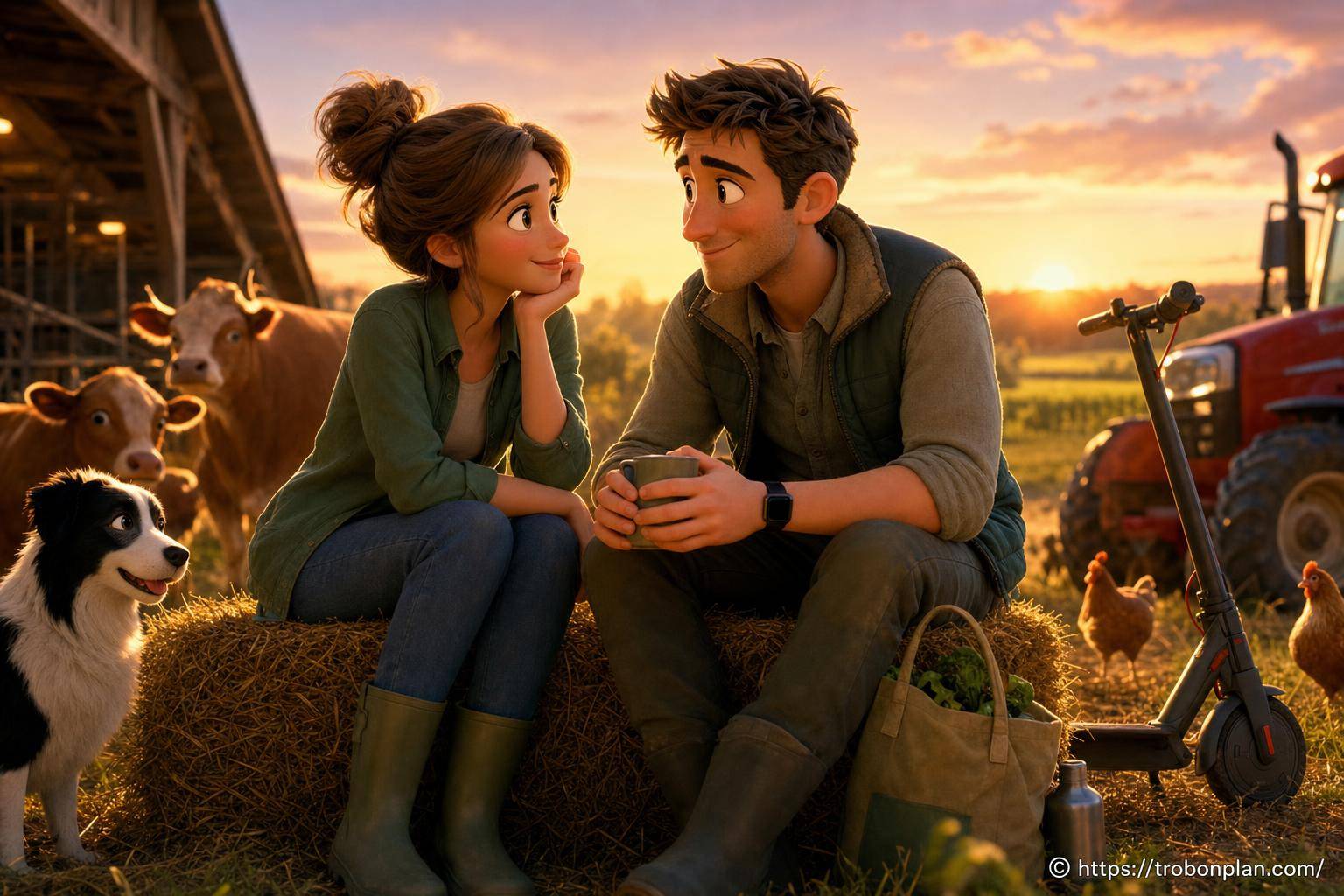 Couple animé à la ferme au coucher du soleil